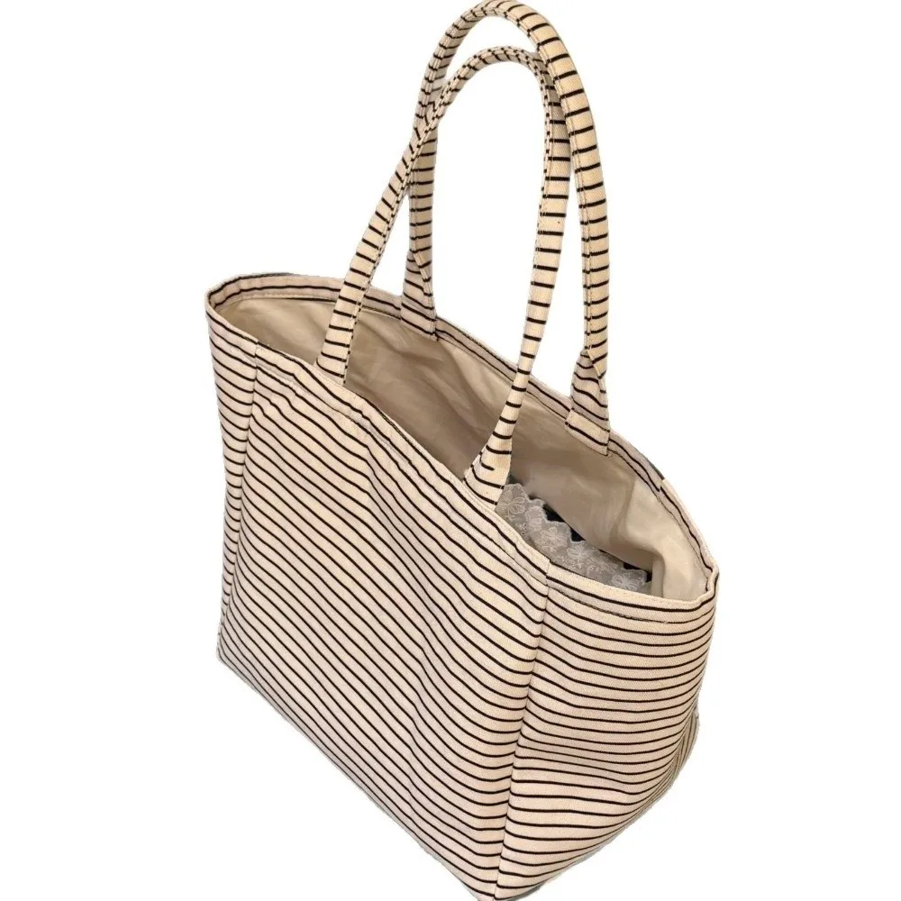 Bolsa de lona a rayas gran capacidad con asa portátil y resistente - imagen 3