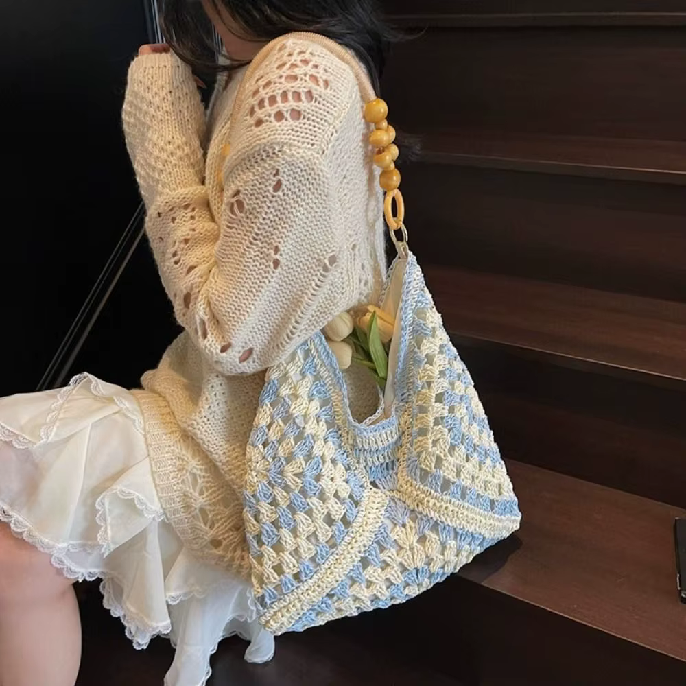 Bolso de Paja Calado Bohemio Tipo Cubo – Gran Capacidad para Playa - imagen 3