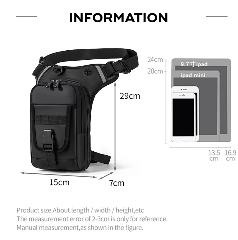 Vista frontal de la bolsa táctica para pierna scione en negro