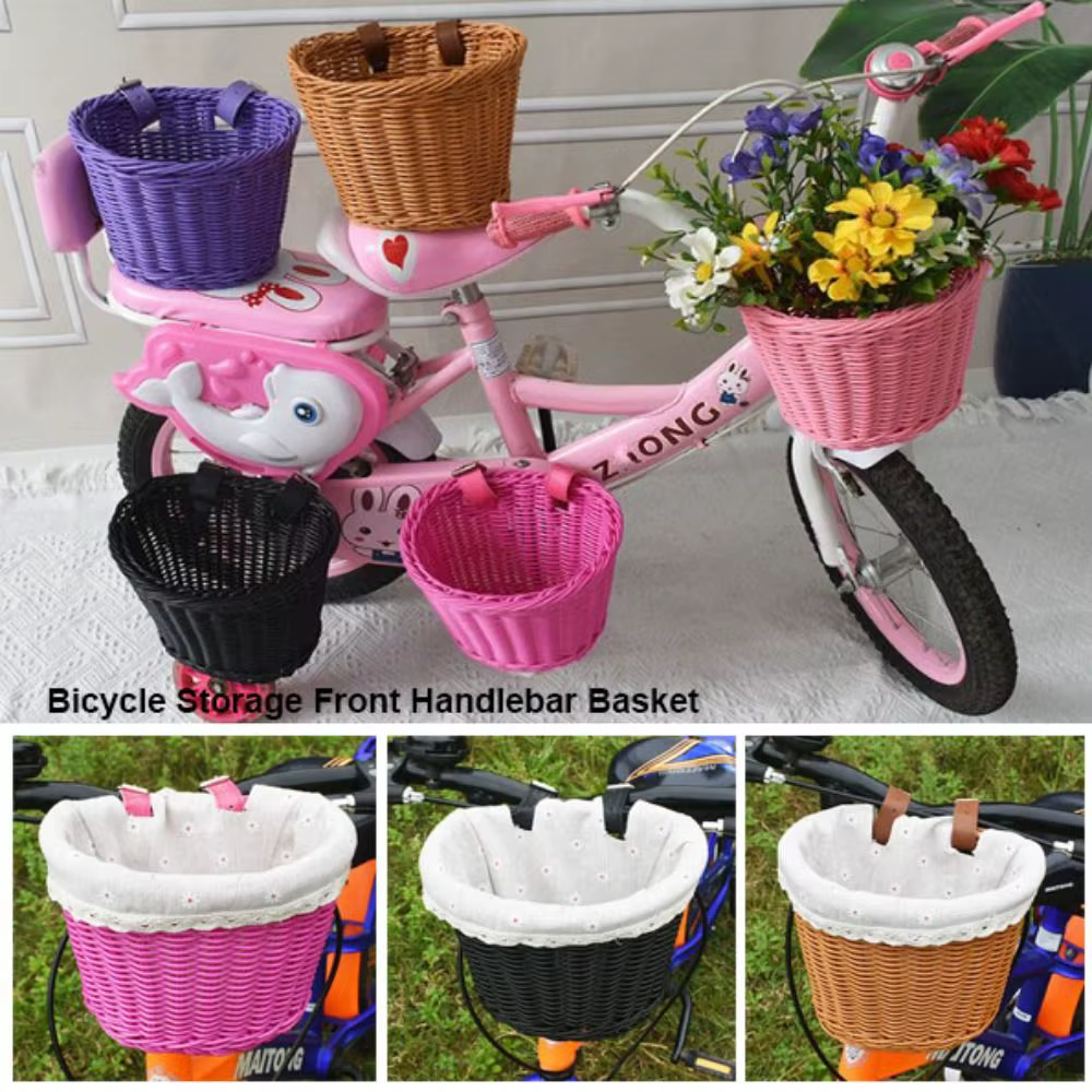 Cesta delantera de bicicleta ratán y mimbre con correa para manillar - imagen 3