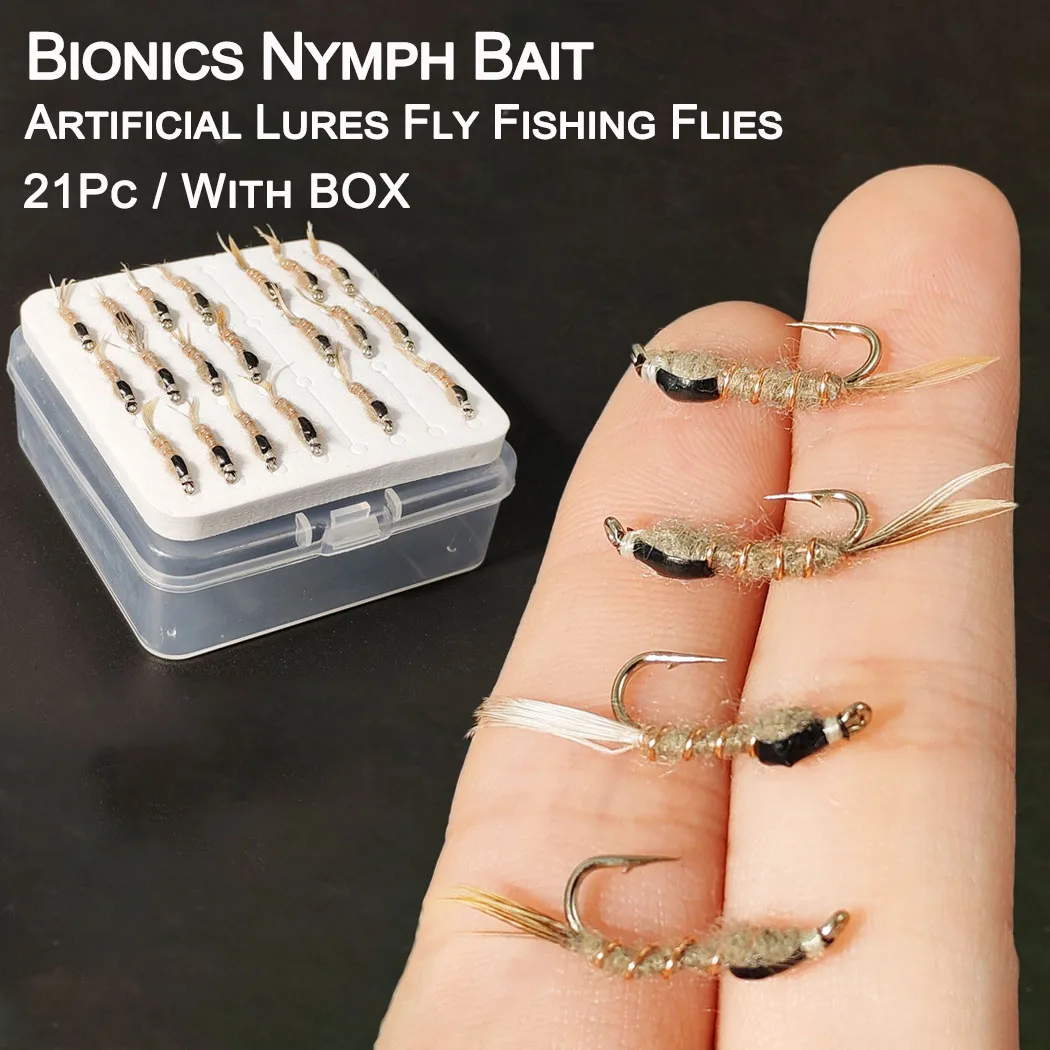 Caja con 21 moscas artificiales para pesca con mosca