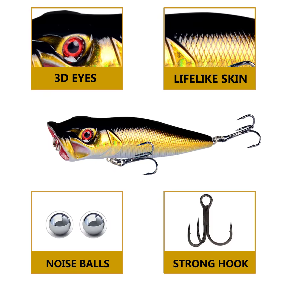 Topwater Poper Señuelo Superficie con Ojos 3D