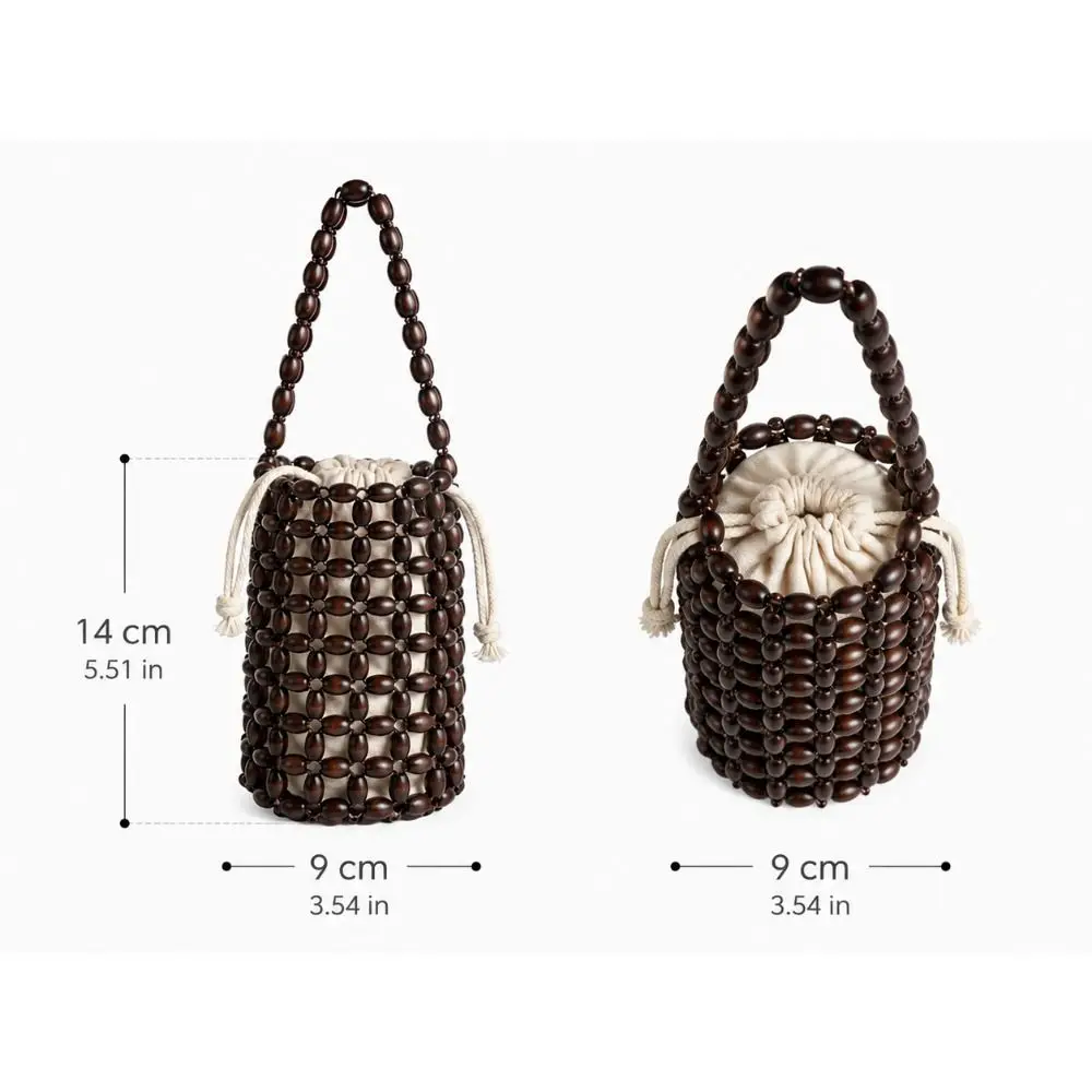 Bolso de mano cilíndrico de madera artesanal con cuentas y asa de lazo - imagen 4