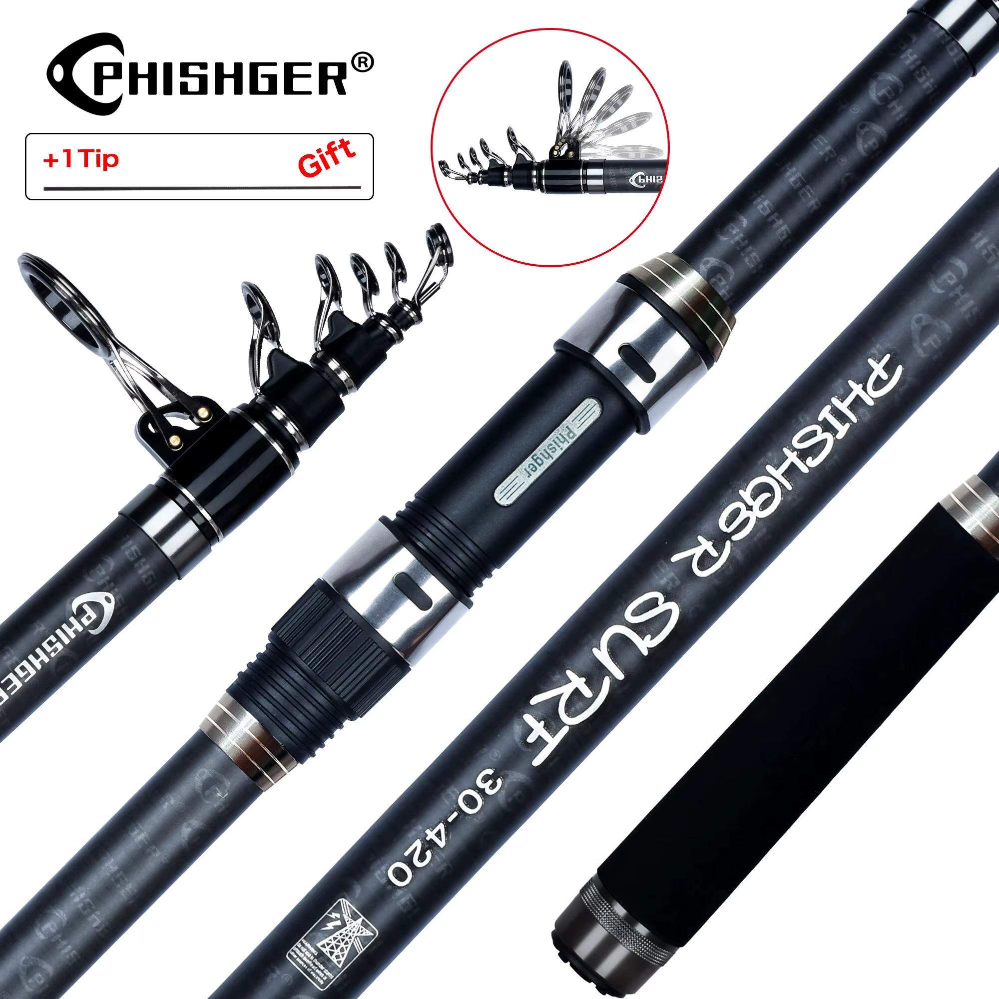 PHISHGER Caña Surfcasting Telescópica Viaje 30T Carbono 80-150g - imagen 5