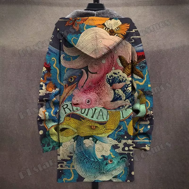 Chaqueta Abrigo Largo con Capucha Estampado 3D Grulla – Estilo Japonés - imagen 5