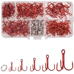 Anzuelos triples rojos acero carbono con anillos divididos para pesca