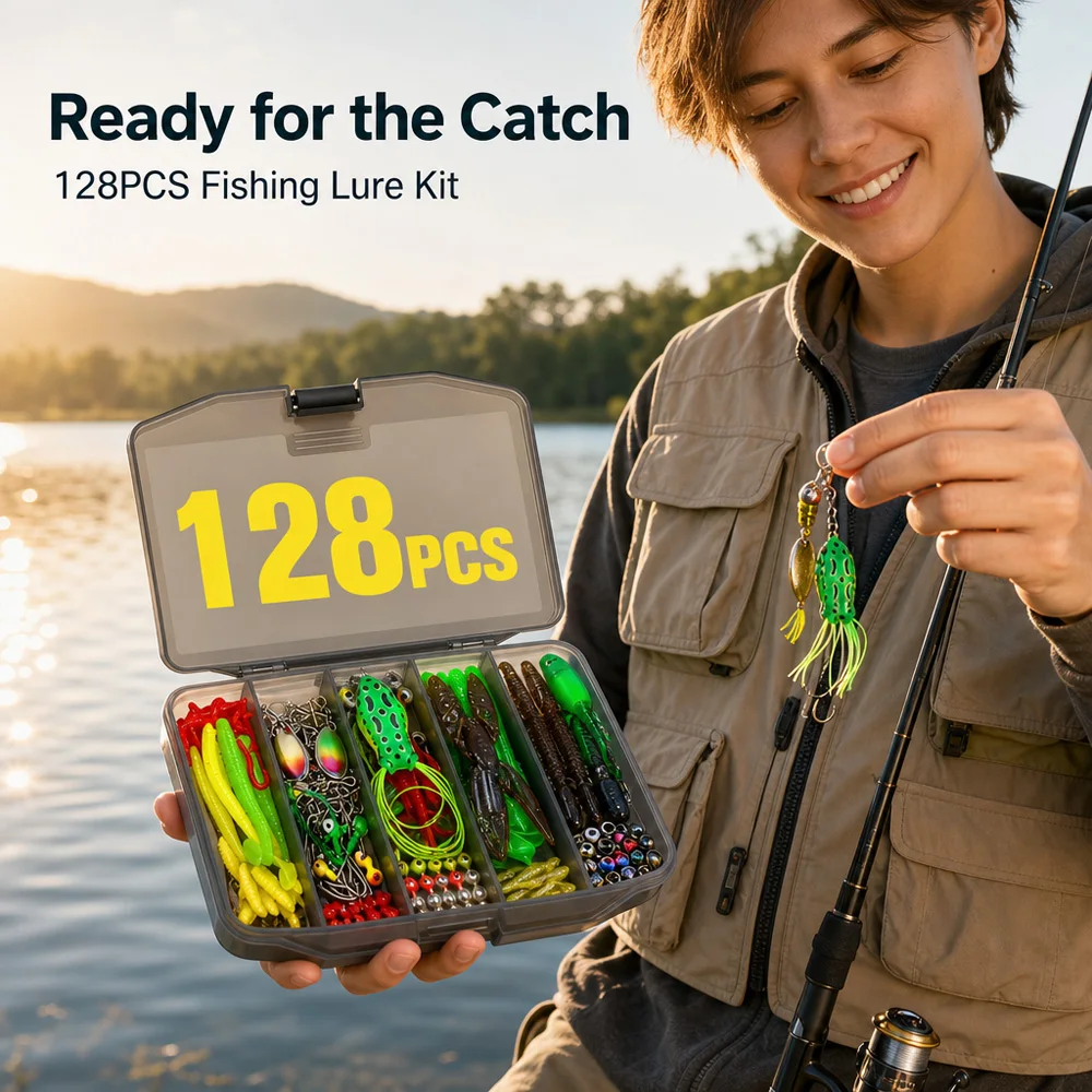 Kit de pesca con señuelos duros y blandos, cucharas, plomos