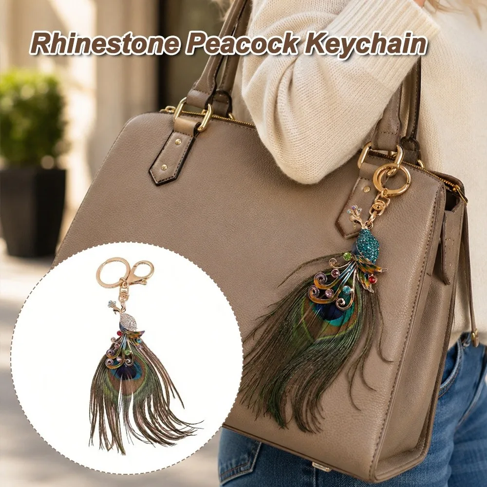 Llavero de pavo real brillante con esmalte y decoración tipo diamante - imagen 5
