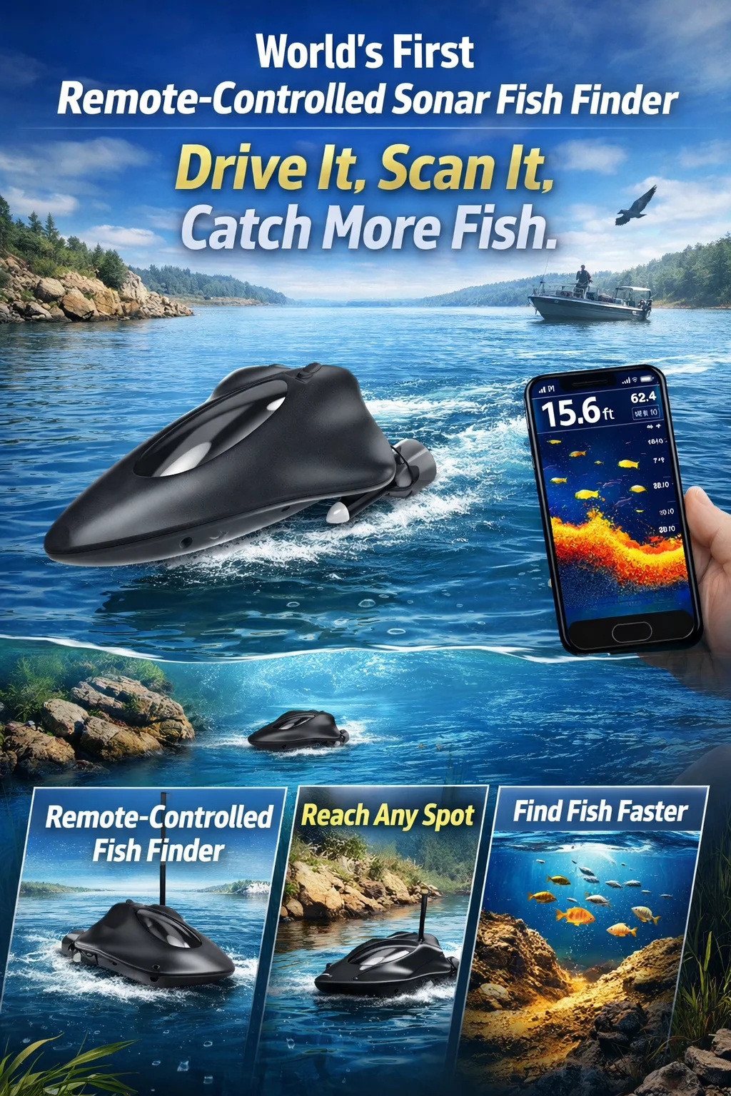 Buscador de peces con control remoto y pantalla de app