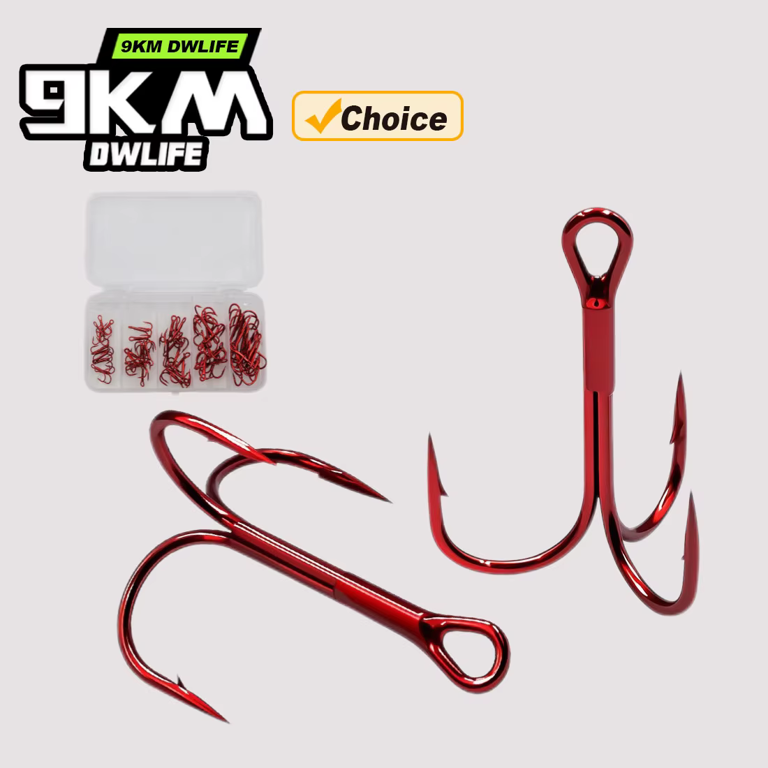 9KM Anzuelos Triples Acero al Carbono – Rojos para agua dulce y salada