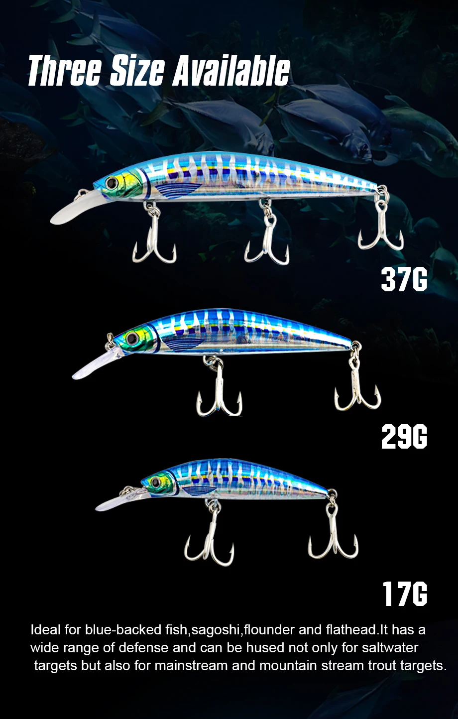 Comparativa de tamaños 17 g, 29 g y 37 g del señuelo FJORD