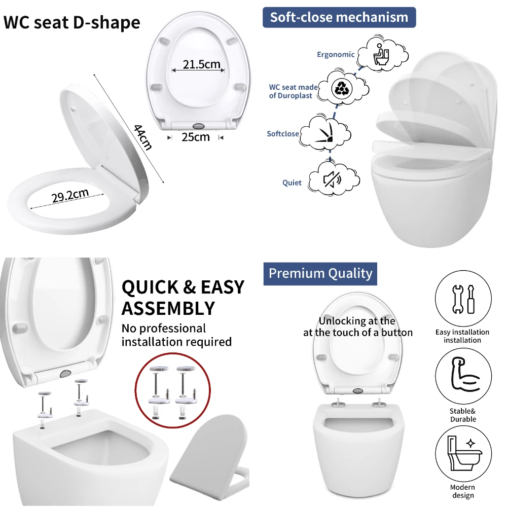 Asiento inodoro con cubierta y bisagras de cierre lento portátil - imagen 3