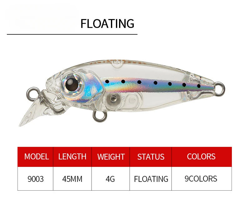 Señuelo flotante visto de lado mostrando su forma alargada y ojos 3D