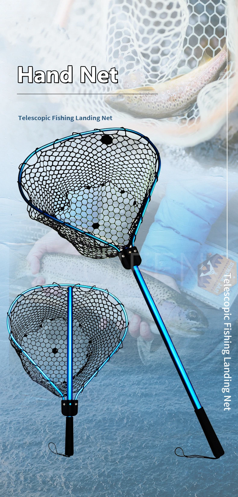 Red de pesca plegable abierta mostrando el marco de aluminio