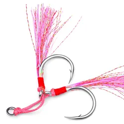 Assist anzuelos dobles púa rosa acero carbono con plumas pesca