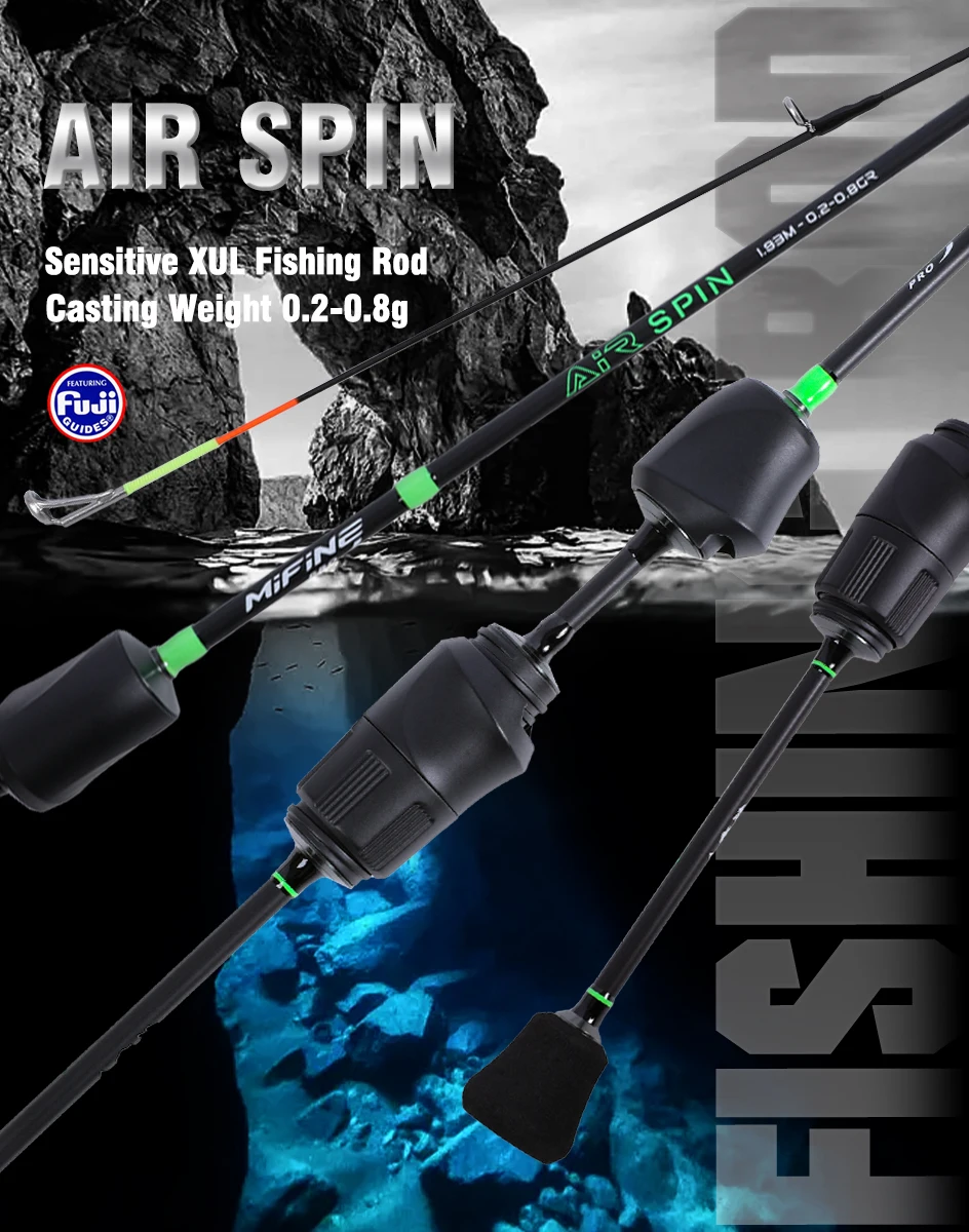 Caña Mifine AIR SPIN desplegada mostrando su perfil ultraligero