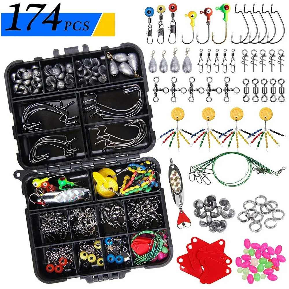Kit Accesorios Pesca: Anzuelos Jig + Pesas Giratorias + Anillos Divididos