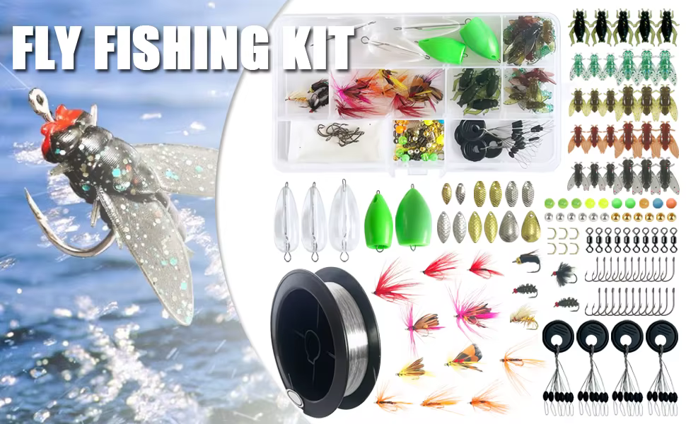 Vista general del kit de pesca con sus 130 piezas organizadas en su caja