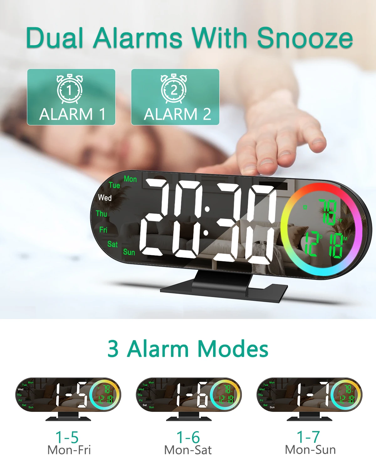 Reloj espejo LED montado en pared de dormitorio