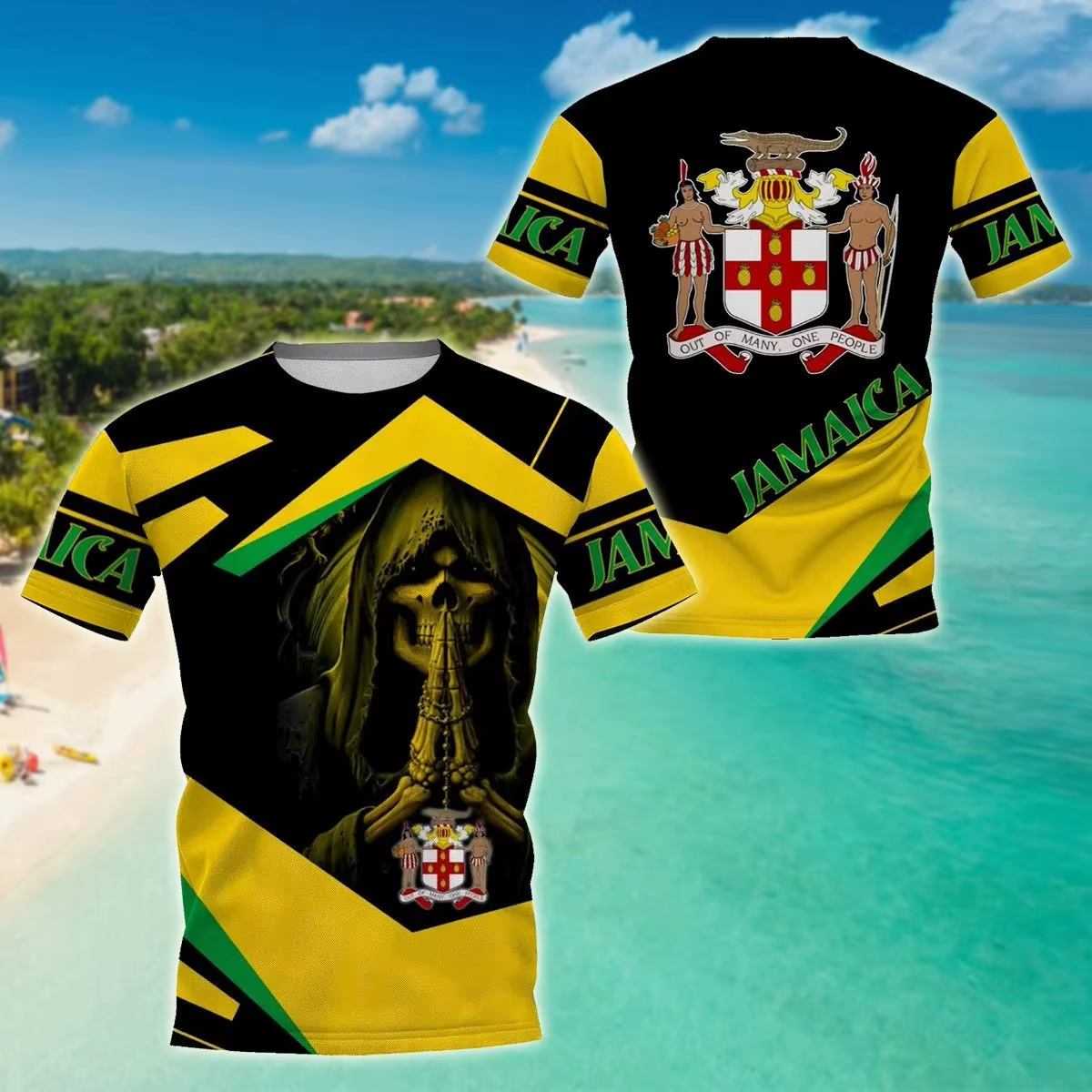 Camiseta PLstar Jamaica 3D Cráneo y Escudo – Unisex - imagen 3