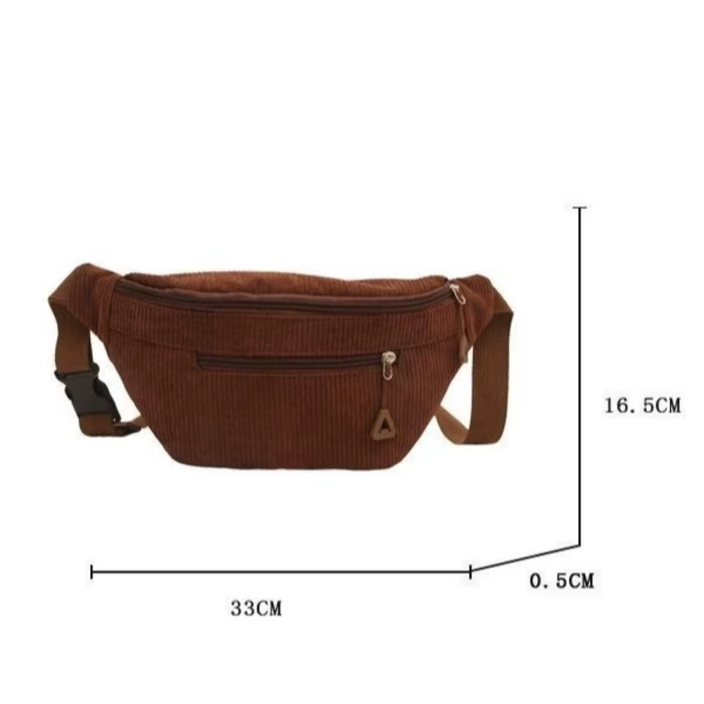 Bolso de cintura marrón visto de frente con textura de corduroy