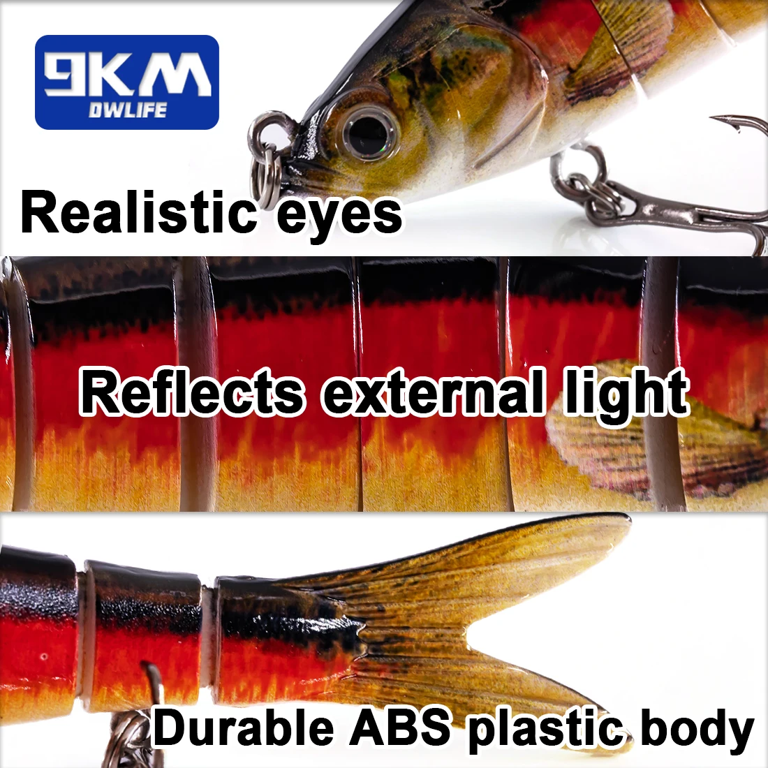 Swimbait multiarticulado mostrando los 8 segmentos articulados y revestimiento realista