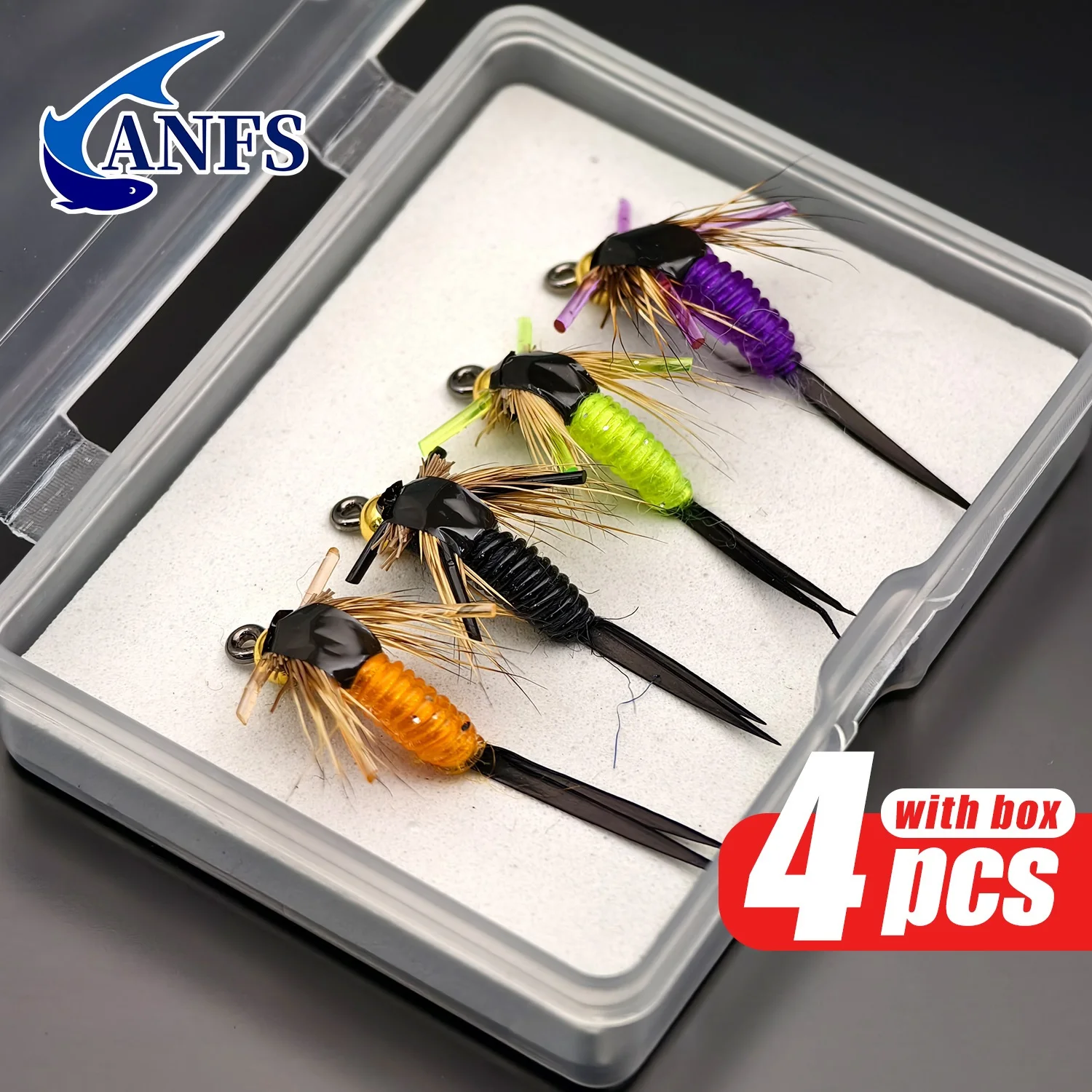 Set de 4 señuelos de mosca ANFS con diseño realista para trucha