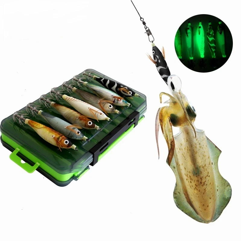 Jig flotador horizontal luminoso para calamar y sepia de madera