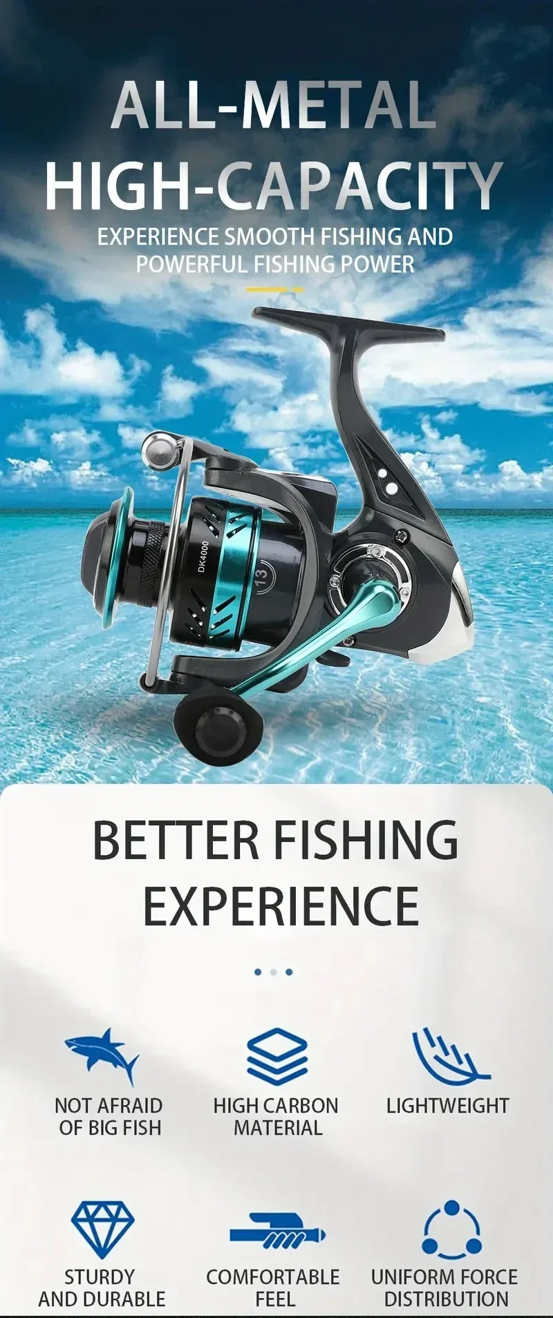 Carrete de pesca giratorio Serie DK con acabado metálico