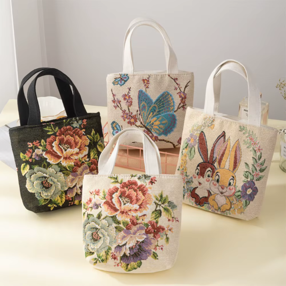 Bolsa de lona reutilizable grande con bordado de gatos y flores - imagen 4