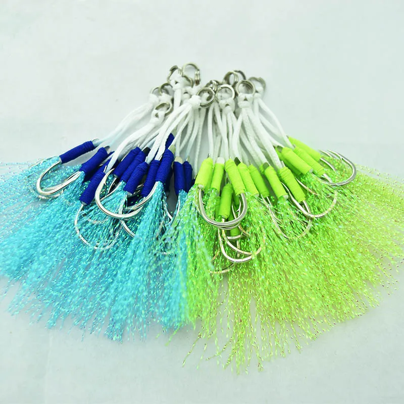 Lote de 5 anzuelos dobles de pesca con plumas y cuerda, colores azul y verde