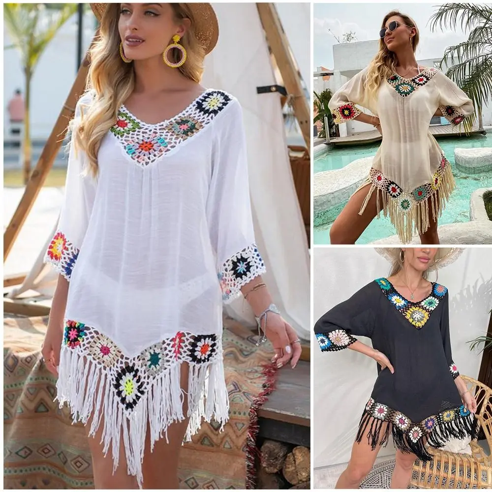 Cubrebañador bikini con flecos, diseño hueco y cuello en V crochet - imagen 5