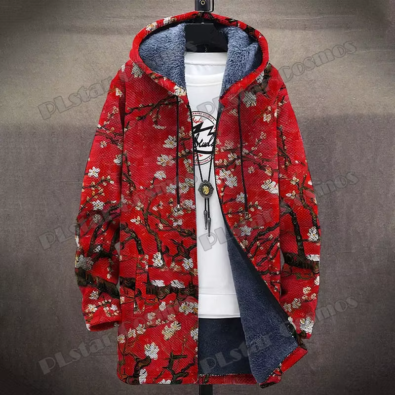 Abrigo largo de hombre con capucha, felpa y estampado floral 3D