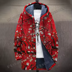 Abrigo largo de hombre con capucha, felpa y estampado floral 3D