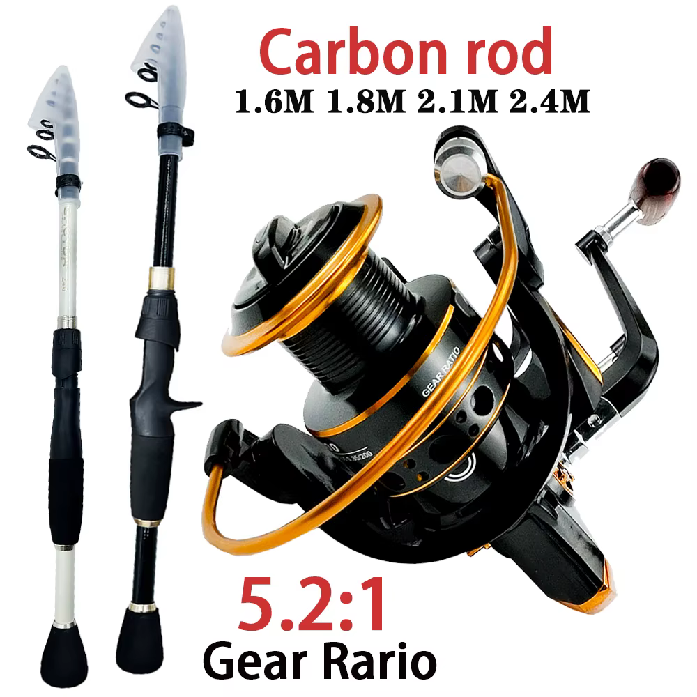 Caña Telescópica Carbono + Carrete Giratorio - Combo Pesca Viaje