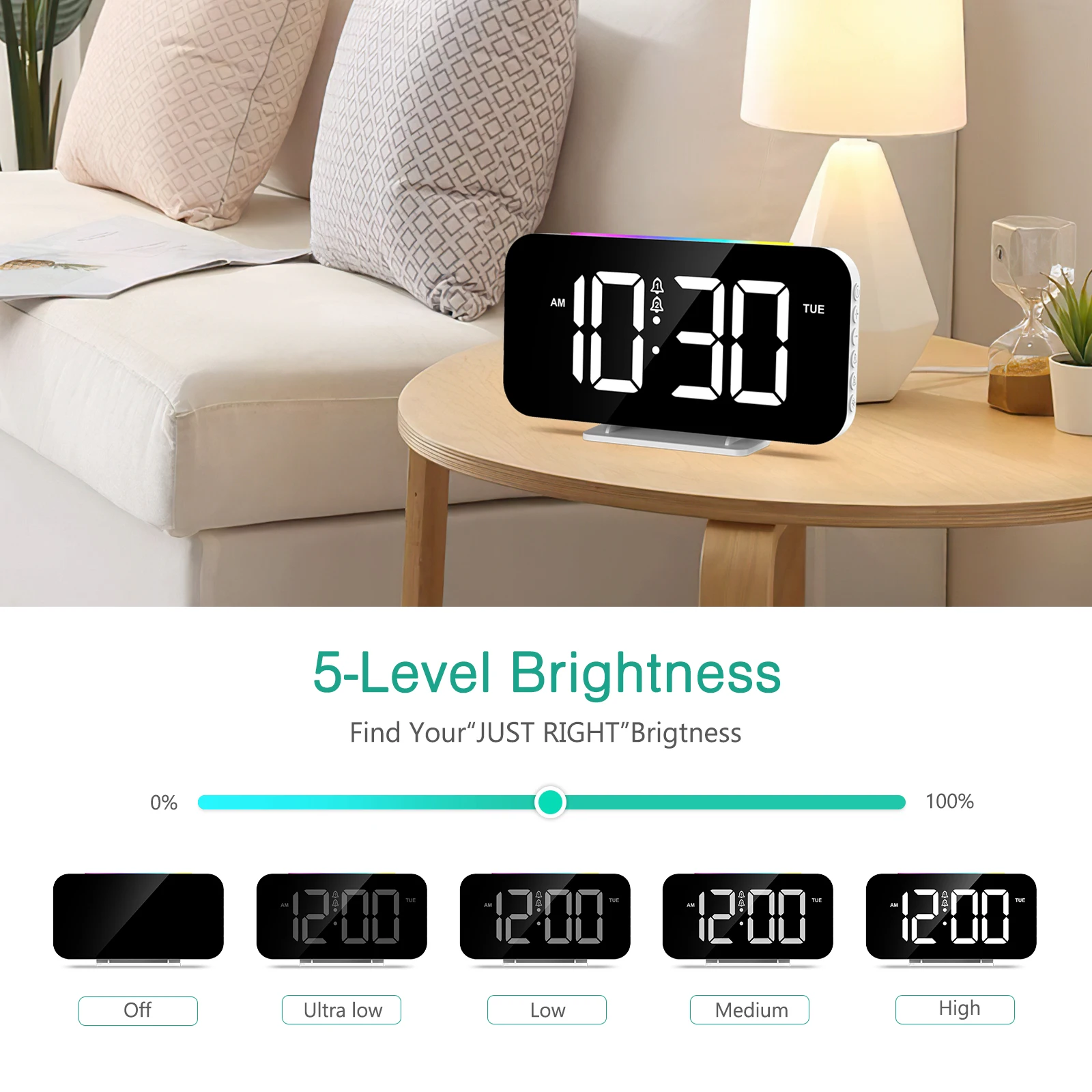 ORIA Despertador Digital LED grande, doble alarma y luz 10 colores - imagen 2