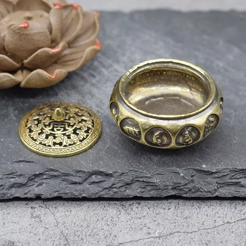 Quemador de incienso cobre hueco con soporte sándalo bronce antiguo - imagen 2