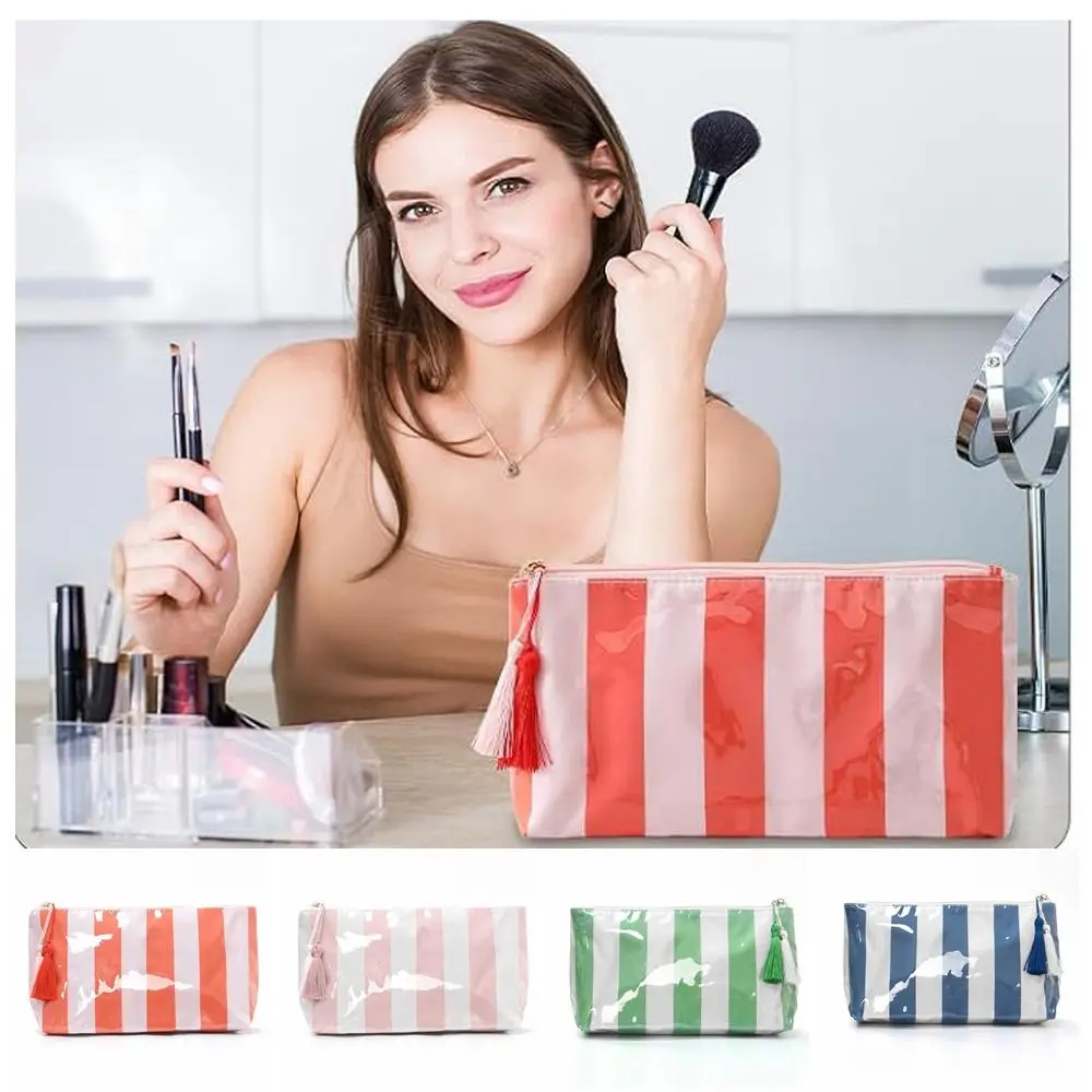Bolsa de cosméticos PVC moderna a rayas gran capacidad para viaje - imagen 5