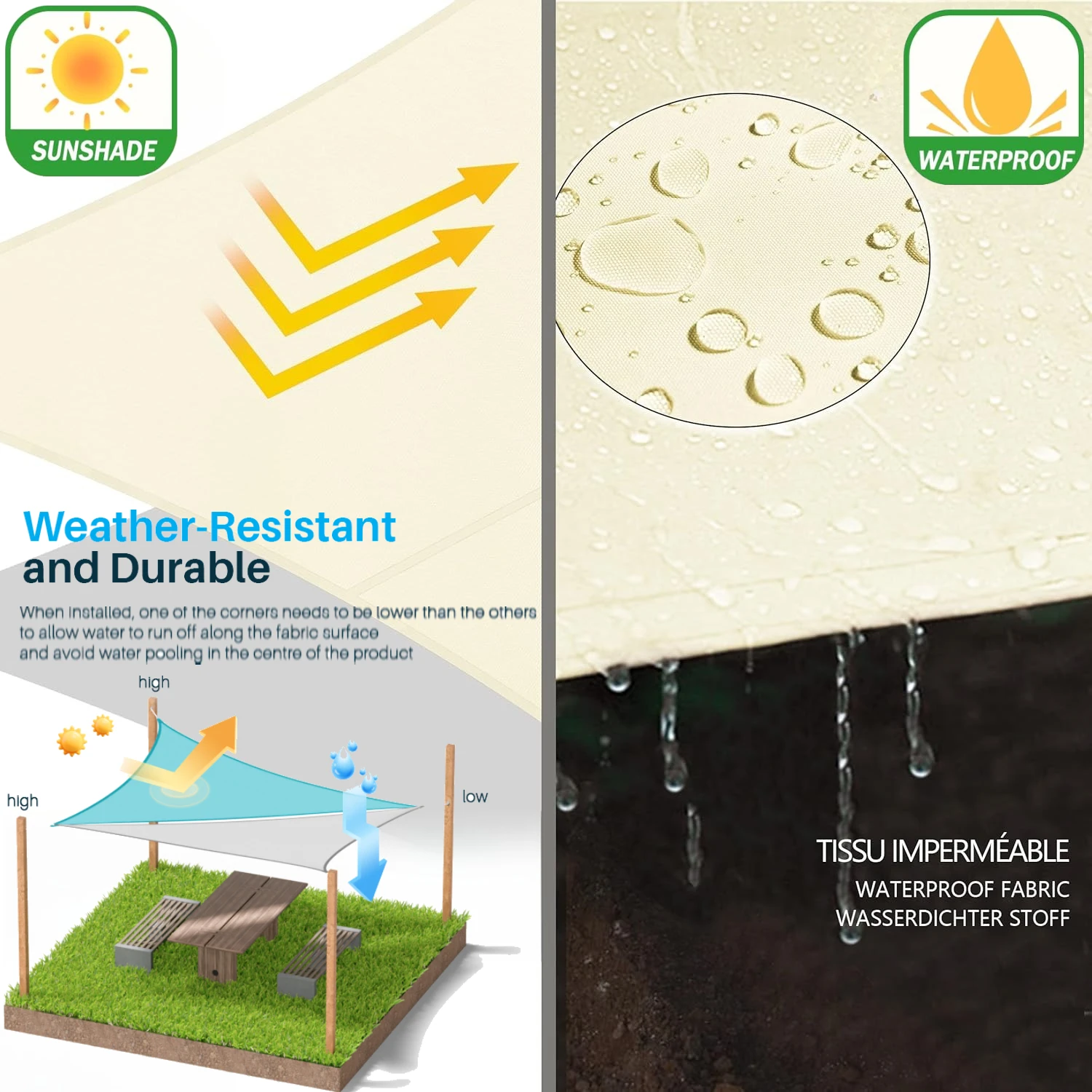 Toldo triangular impermeable – Cubierta para patio, piscina y jardín - imagen 5