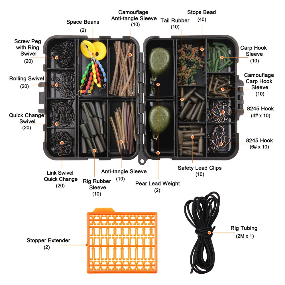 Detalle de los componentes del kit de aparejos carpa