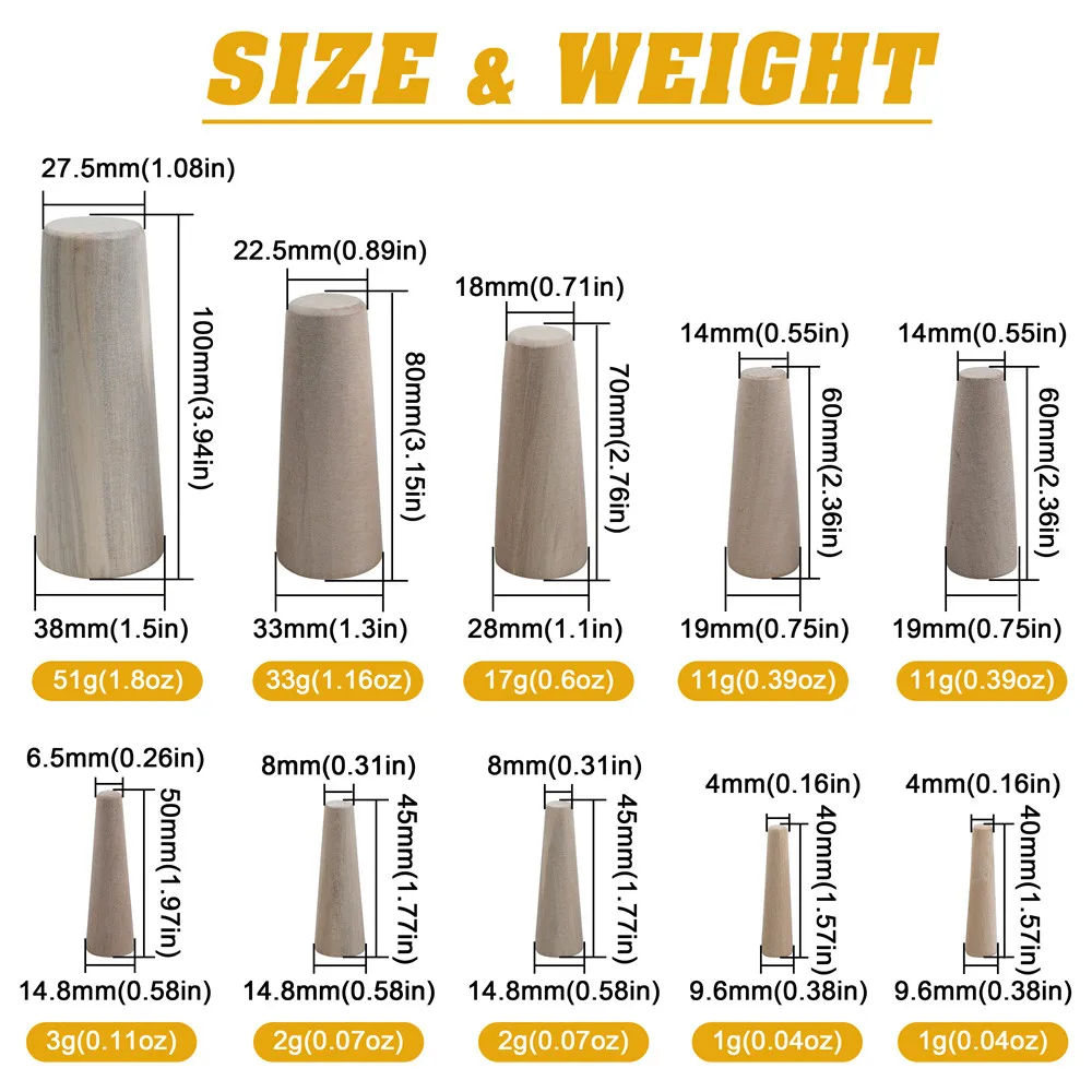 Tapones de madera en diferentes tamaños