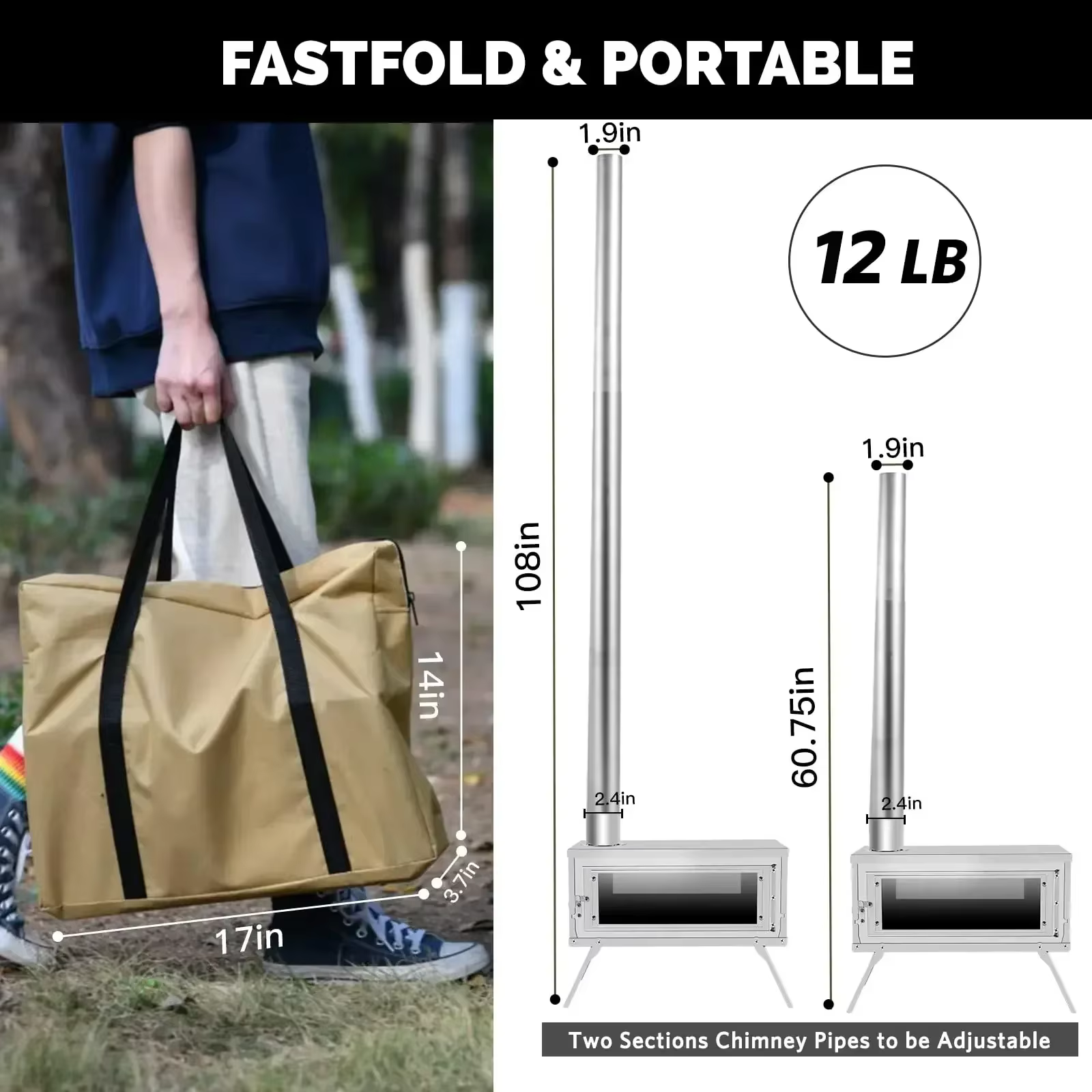 Estufa de leña plegable para tienda – Acero inoxidable con chimenea - imagen 2