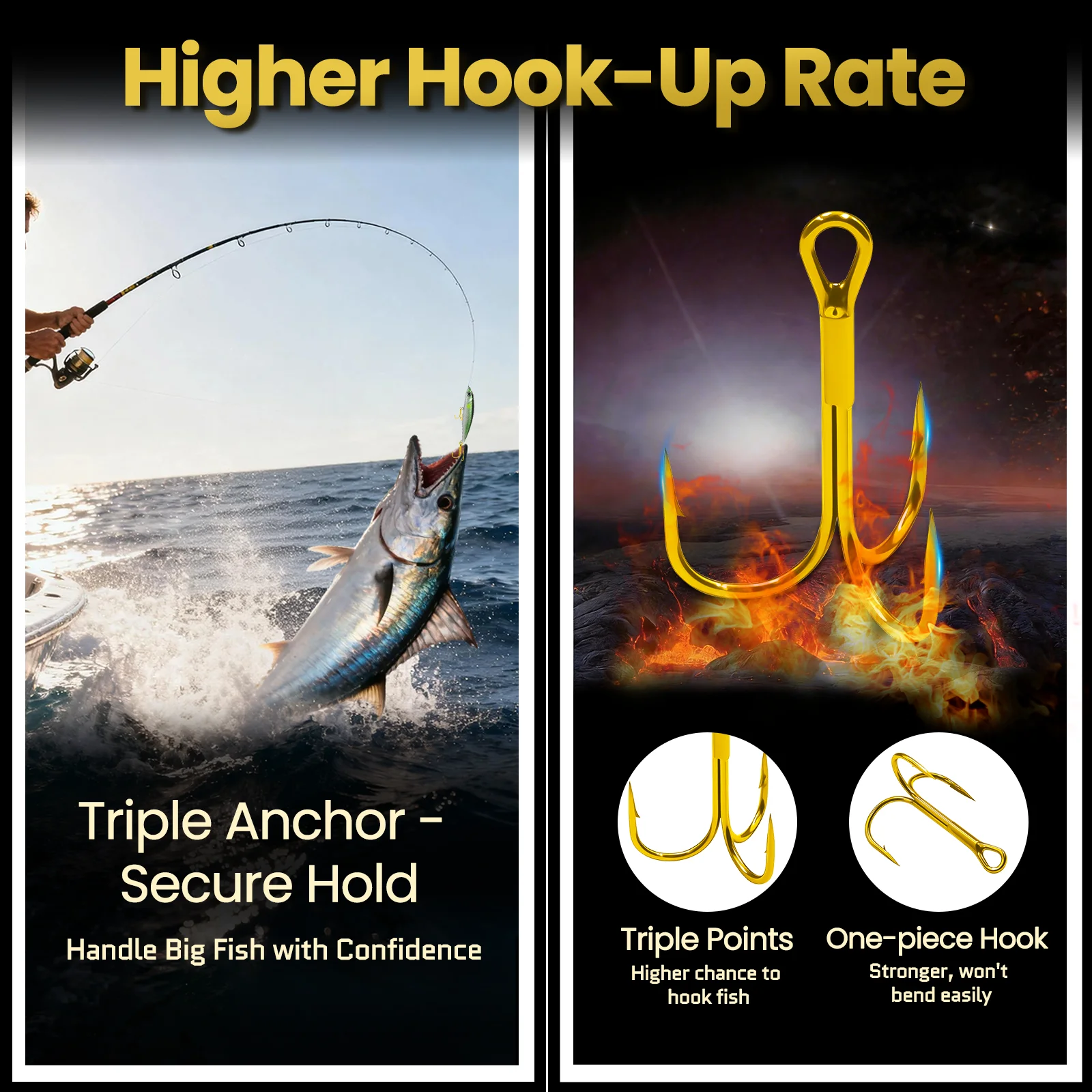 Anzuelos triples dorados FishTrip – acero carbono, ultra afilados - imagen 4