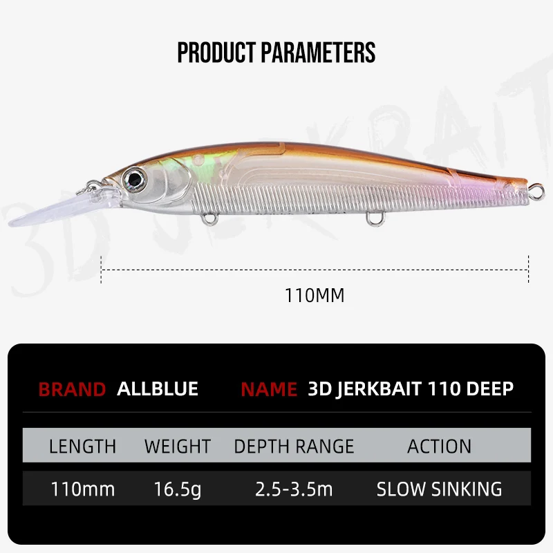 Allblue 3D Jerkbait Deep Wobbler 110 mm hundimiento lento - imagen 4