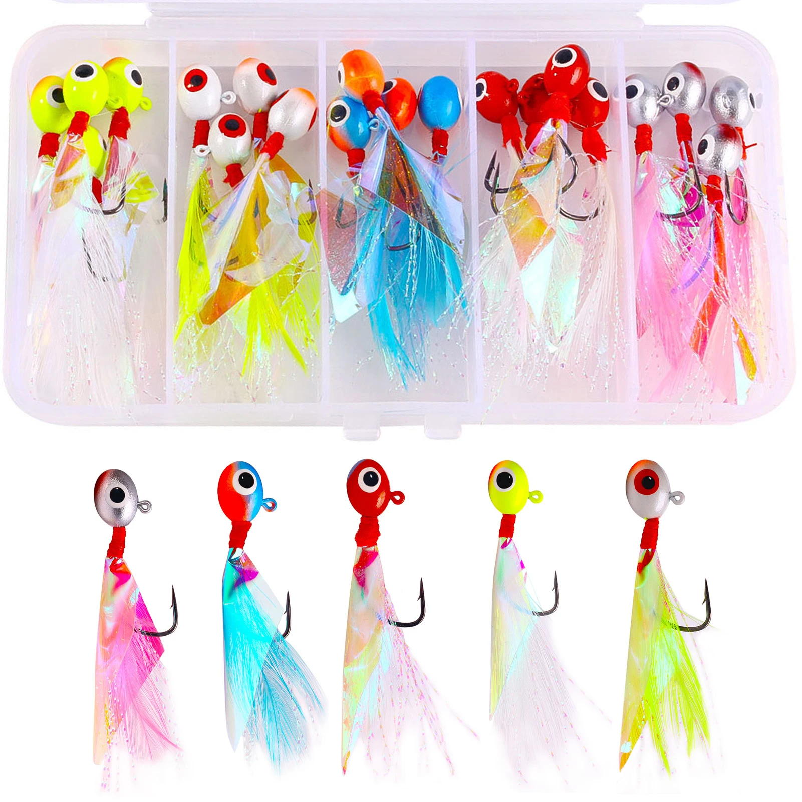 Crappie jigs con cabeza ovalada y pluma de arcoíris