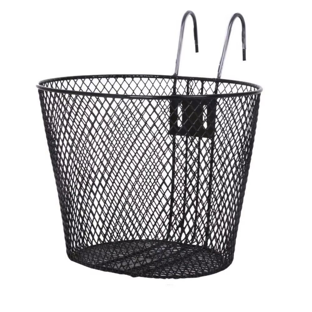 Cesta negra de alambre con asa frontal para bicicleta