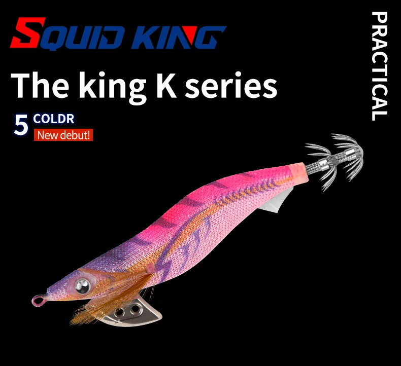 Imagen del conjunto de cebos SQUID KING 3.0 mostrando anzuelos, camarones de madera y silicona
