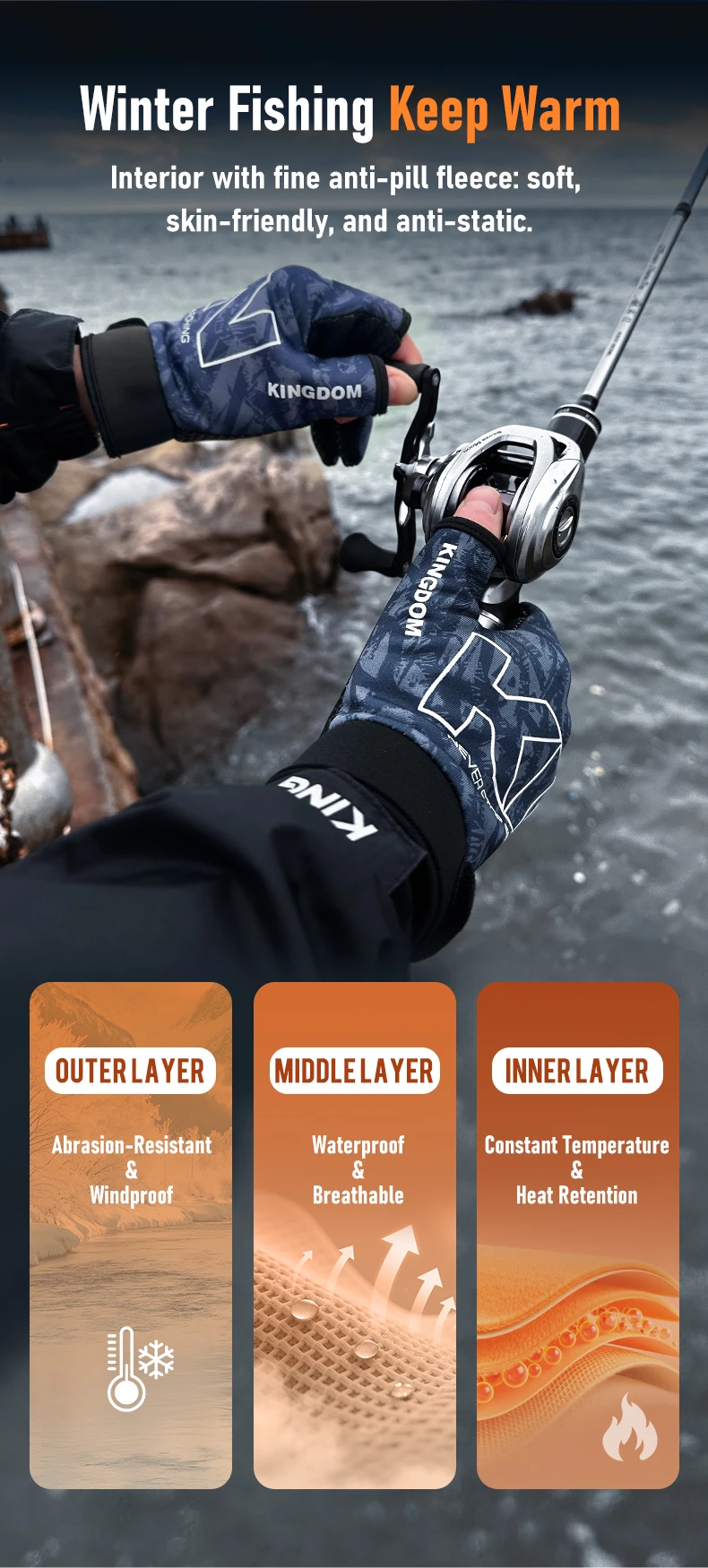 Uso en exteriores: guantes durante una jornada de pesca invernal