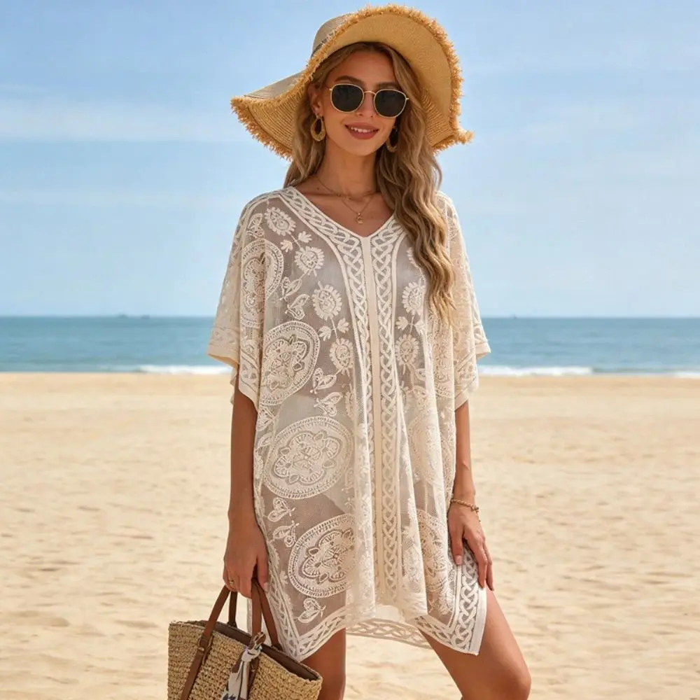Poncho de playa vintage de encaje floral calado, cuello en V - imagen 5
