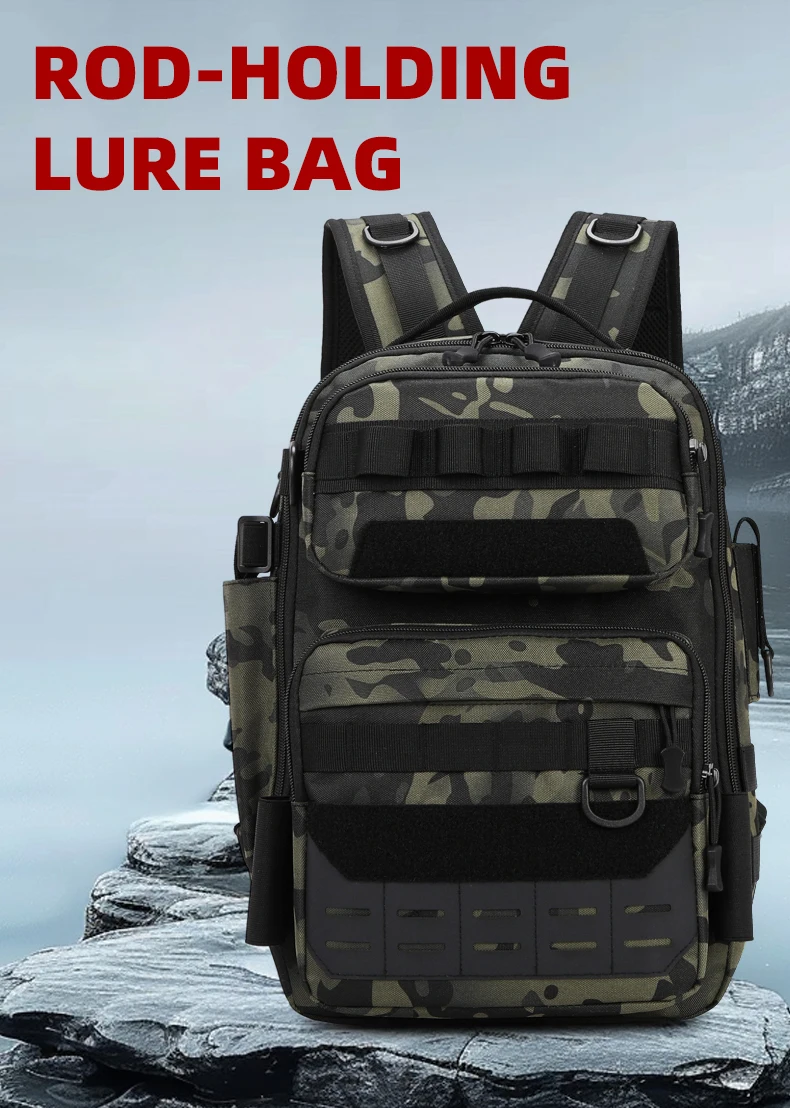 Vista frontal de la mochila de pesca Scione con compartimentos